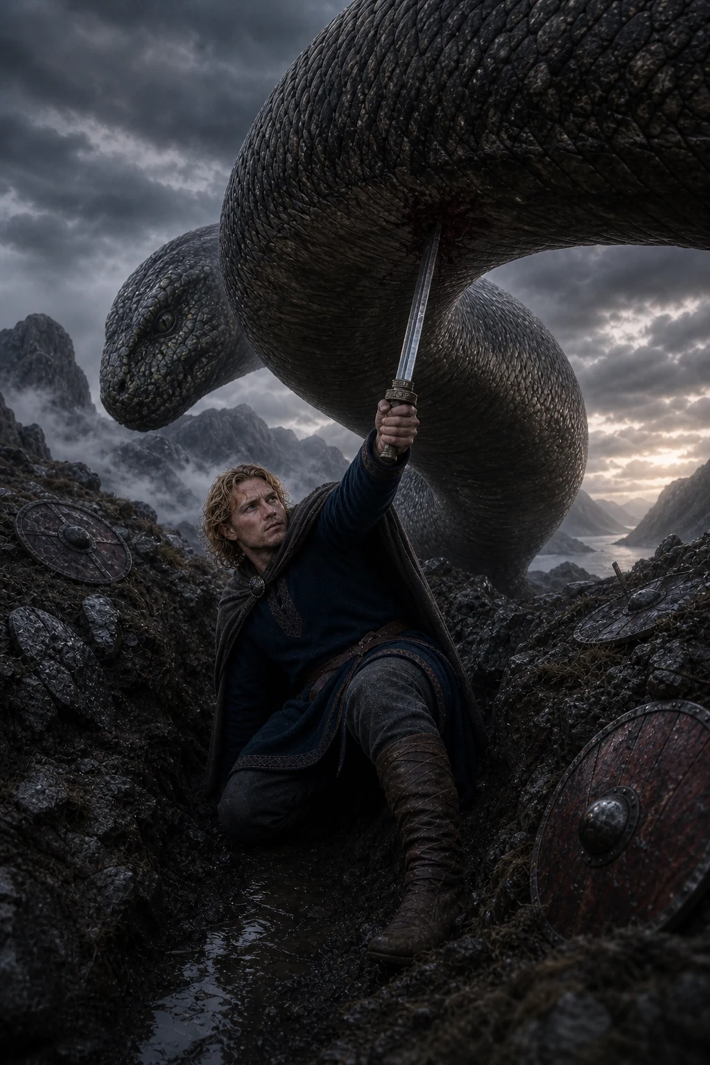 Sigurd dans la fosse frappe le serpent Fáfnir avec l'épée Gram