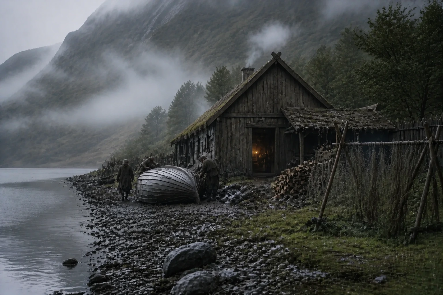 Ferme et embarcation de Midgard au bord d'un fjord entouré de montagnes
