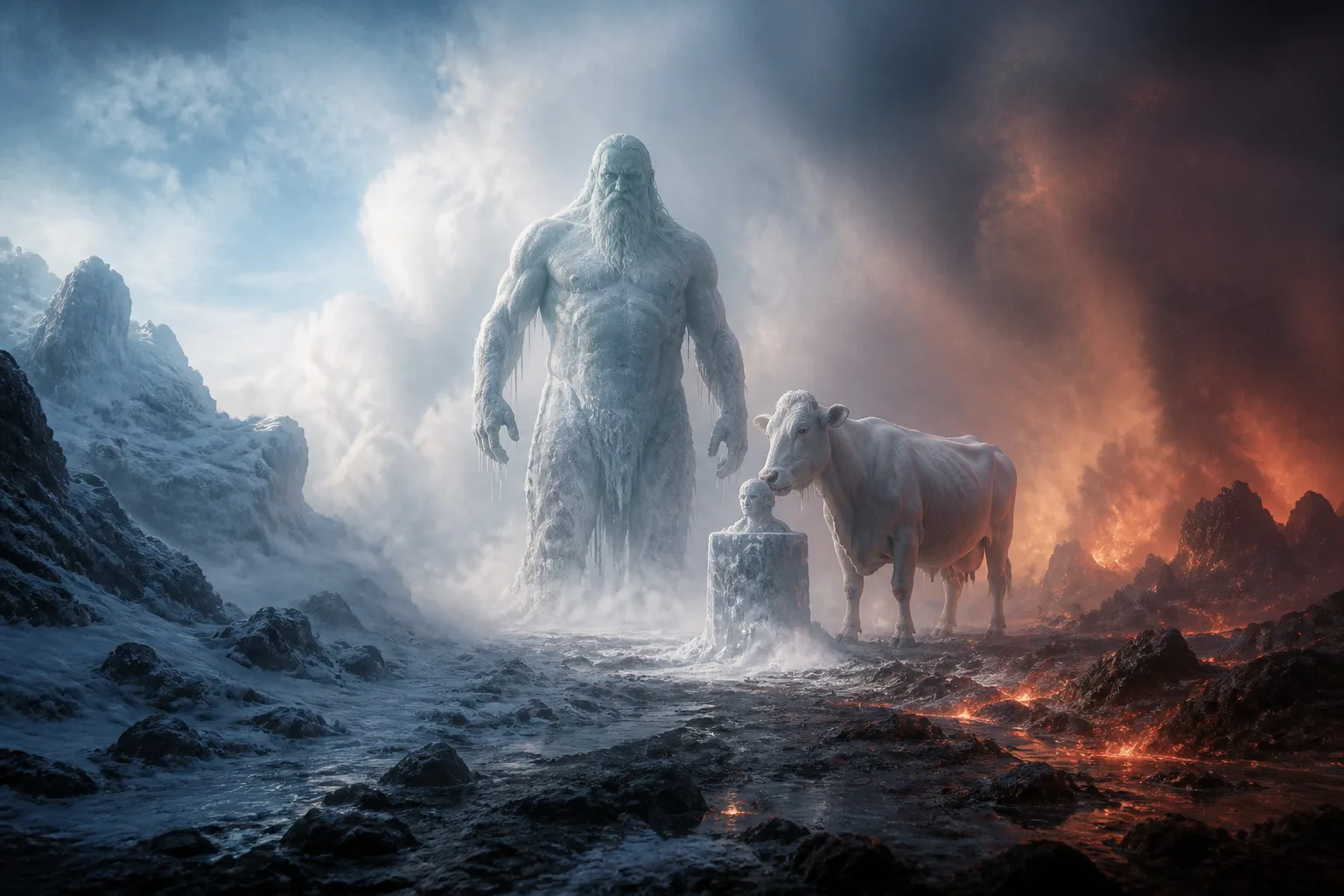 Ymir et Auðhumla apparaissent entre le givre de Niflheim et la chaleur de Muspell dans Ginnungagap