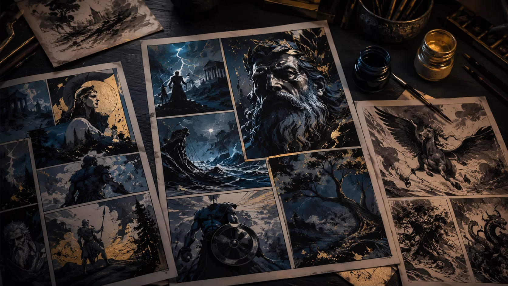 Planches illustrées abstraites inspirées de la mythologie