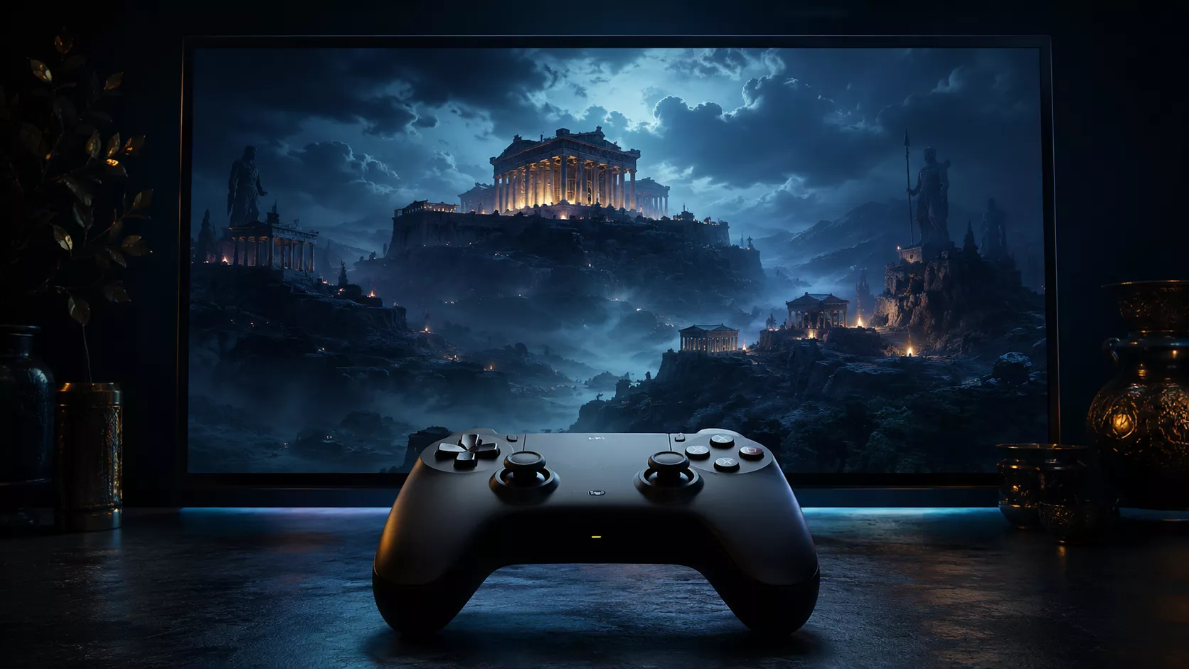 Manette sobre devant un paysage mythologique immersif