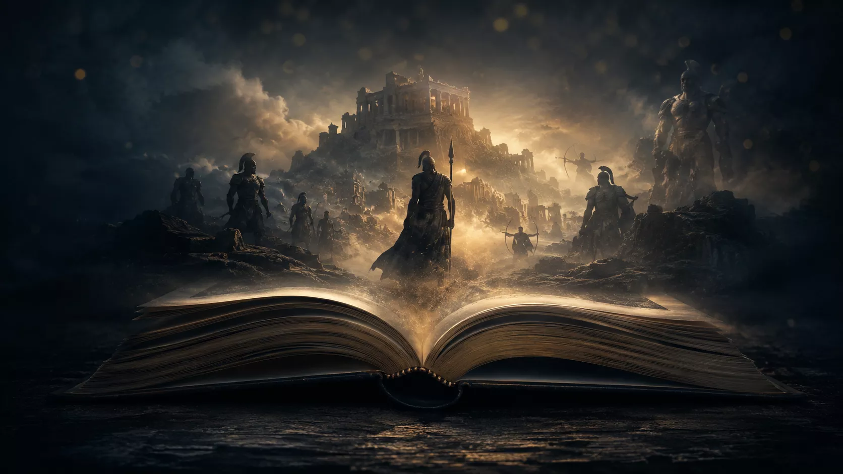 Livre ouvert devant un paysage mythologique brumeux