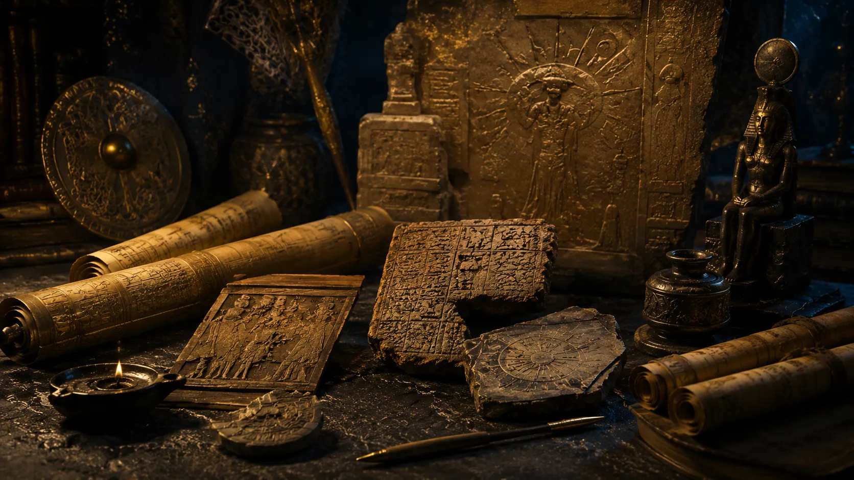Rouleaux antiques et tablettes gravées dans une lumière dorée